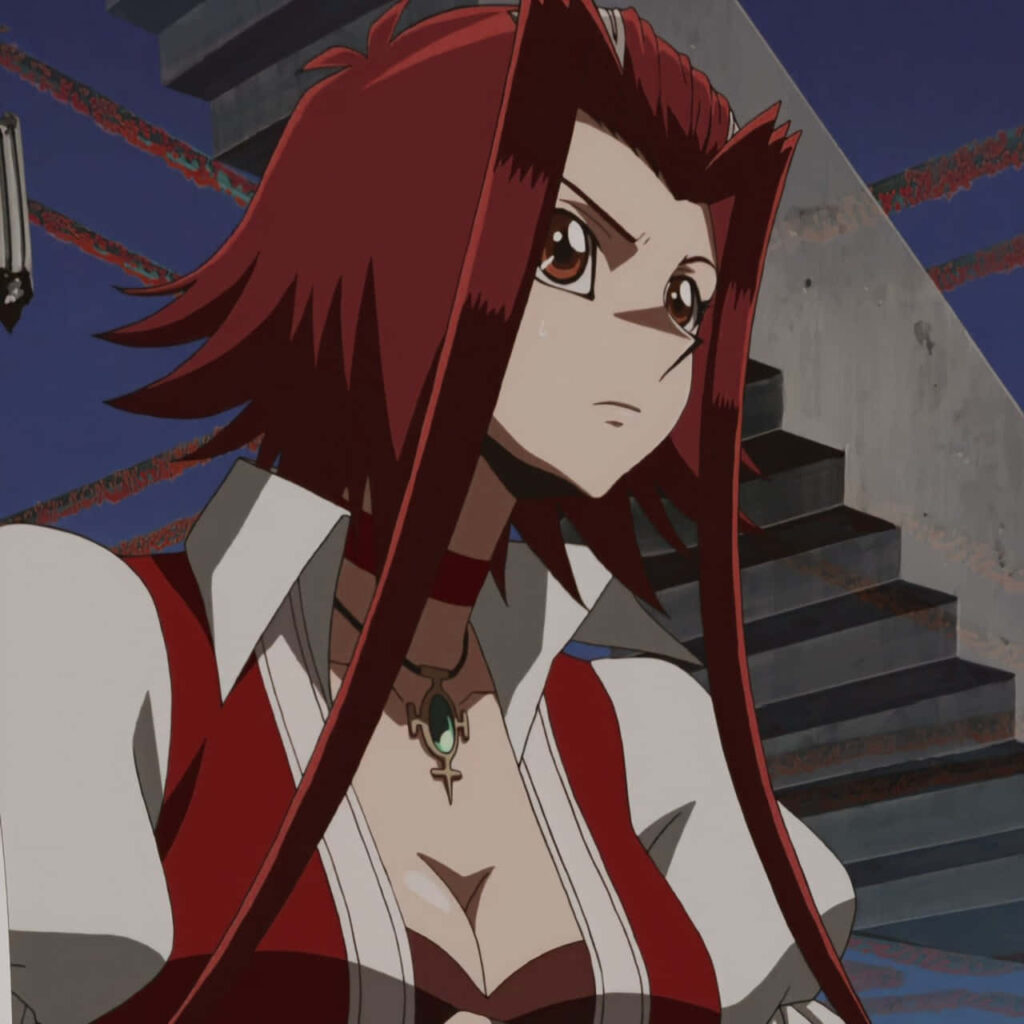 Akiza Izinski from YuGiOh 5Ds confident pose under modern structure anime wallpaper background