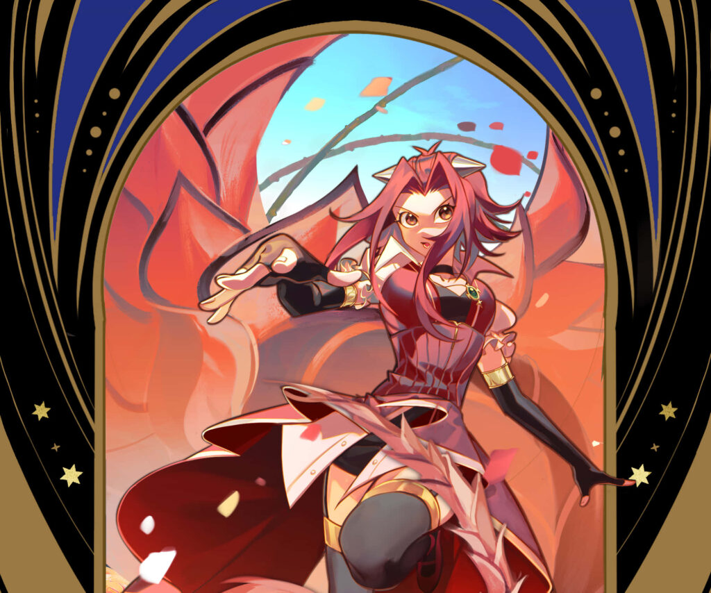 Akiza Izinski YuGiOh 5Ds dynamic pose vibrant colors swirling petals powerful spirit wallpaper