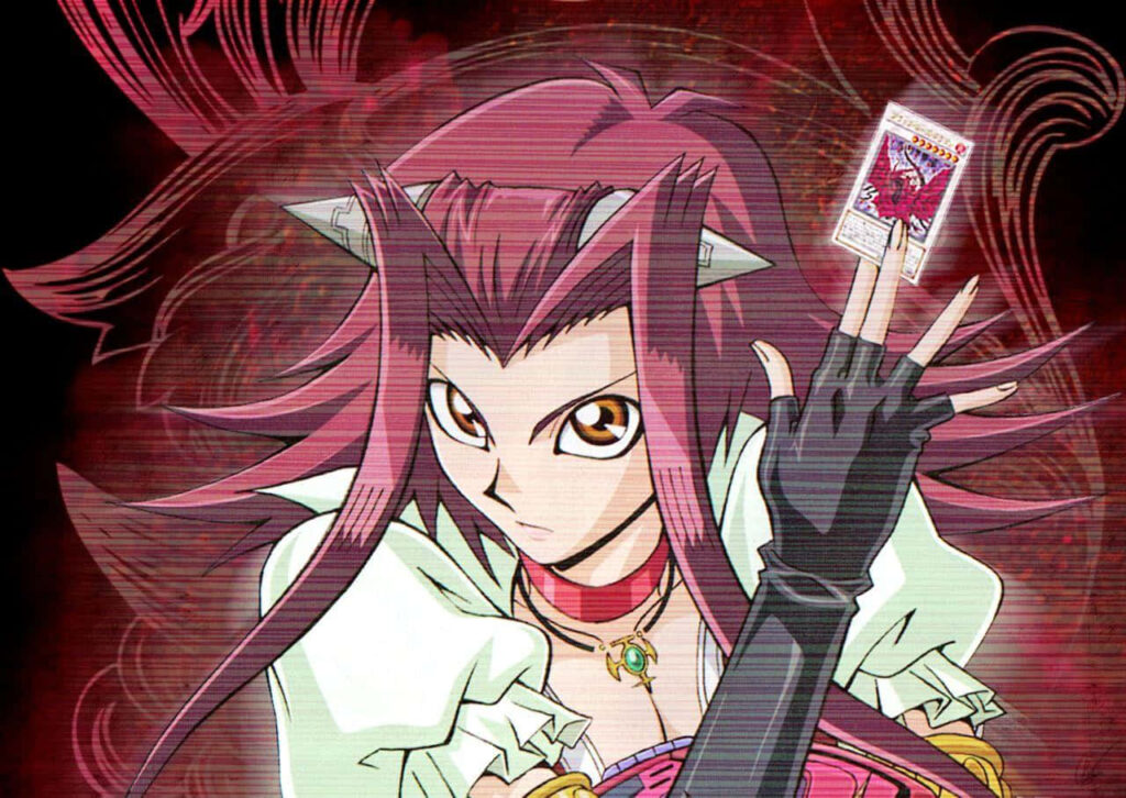 Akiza Izinski YuGiOh 5Ds holding card intense expression bold swirling red background wallpaper