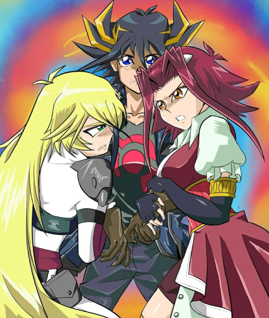 Akiza Izinski YuGiOh 5Ds intense scene vibrant background strong determined female character Wallpaper
