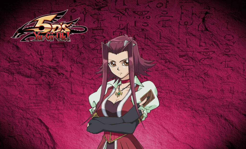 Akiza Izinski confident pose magenta hieroglyphics Yu-Gi-Oh 5Ds logo wallpaper background