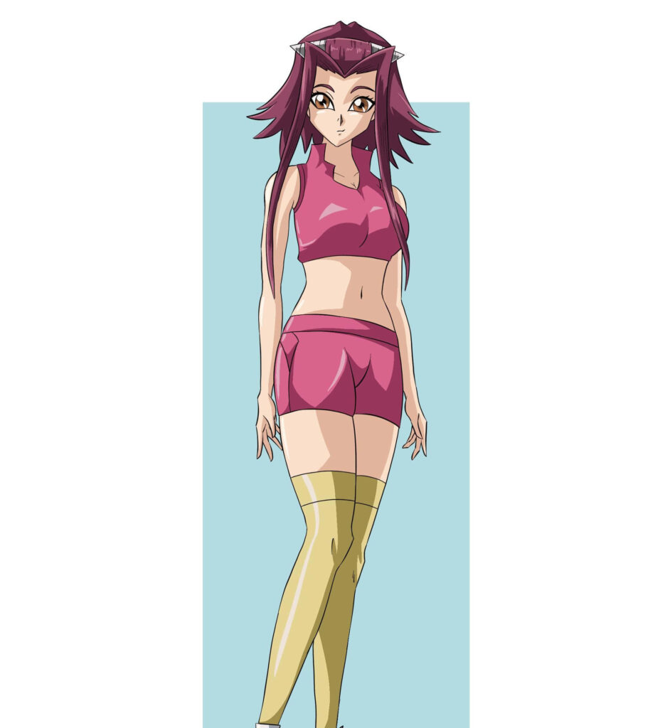 Akiza Izinski from Yu-Gi-Oh 5Ds in signature outfit on light blue background wallpaper