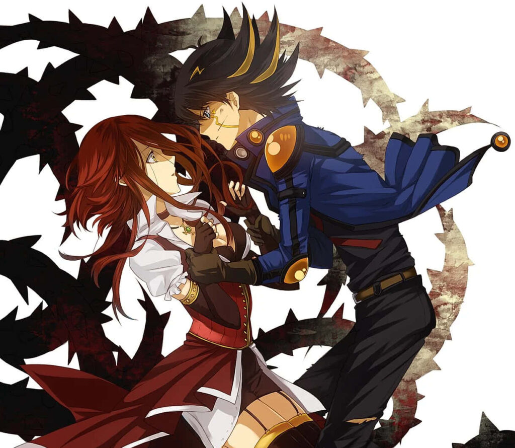 Akiza Izinski and Yusei Fudo Yu-Gi-Oh 5Ds intense dramatic anime scene with swirling thorns background Wallpaper