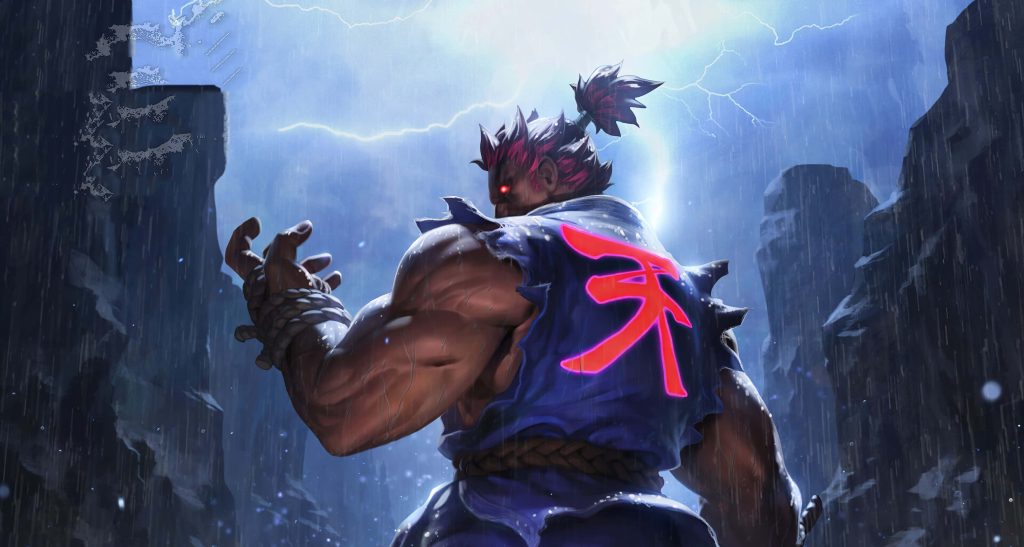 Akuma Street Fighter digital art on rainy cliff glowing eyes fiery Heaven tattoo wallpaper