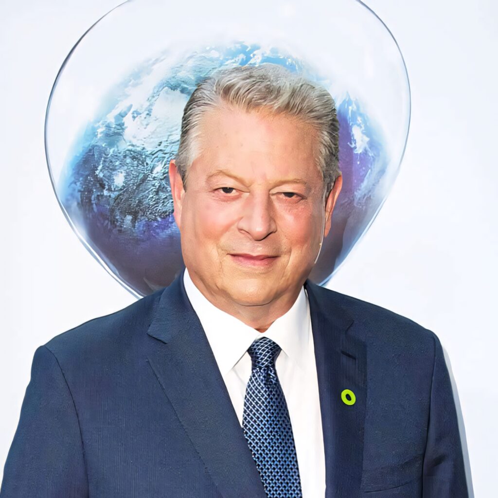 Al Gore in formal suit at documentary screening with Earth backdrop environmental awareness Wallpaper