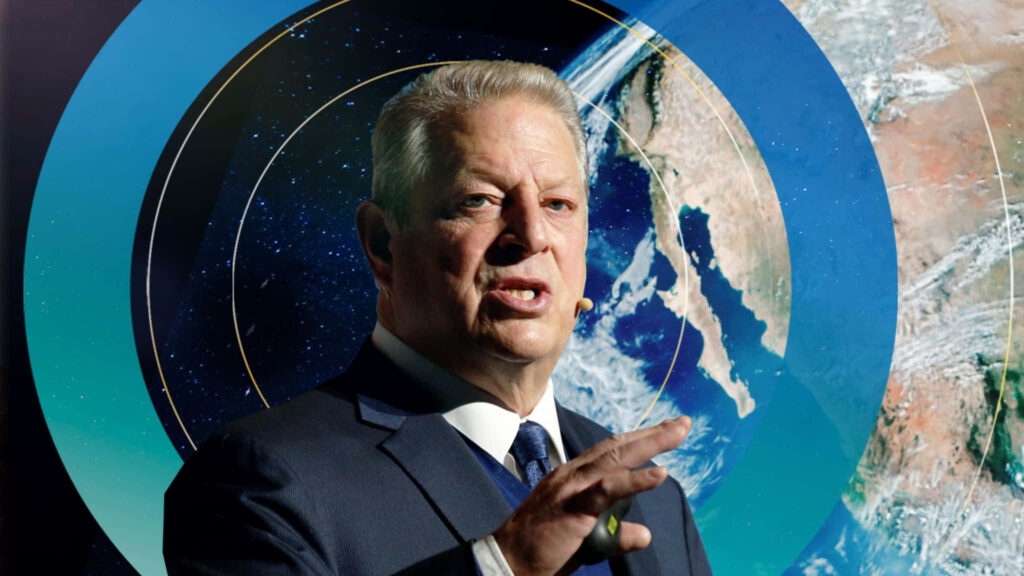 Al Gore American politician environmentalist standing before illustrated Earth background wallpaper