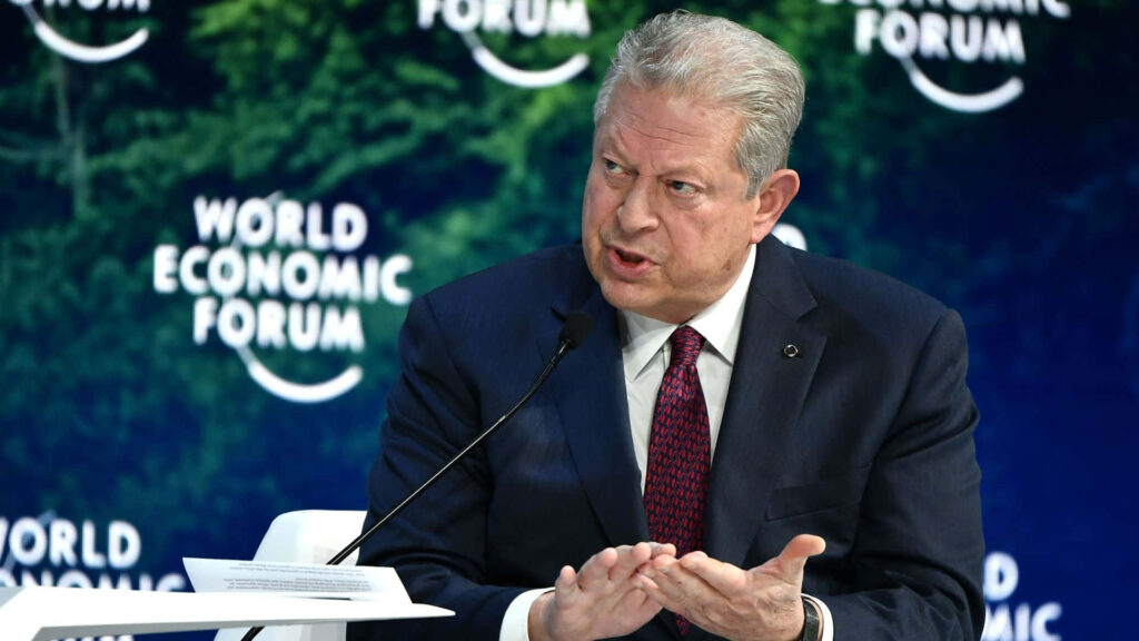 Al Gore speaking at World Economic Forum on climate change and global issues background wallpaper