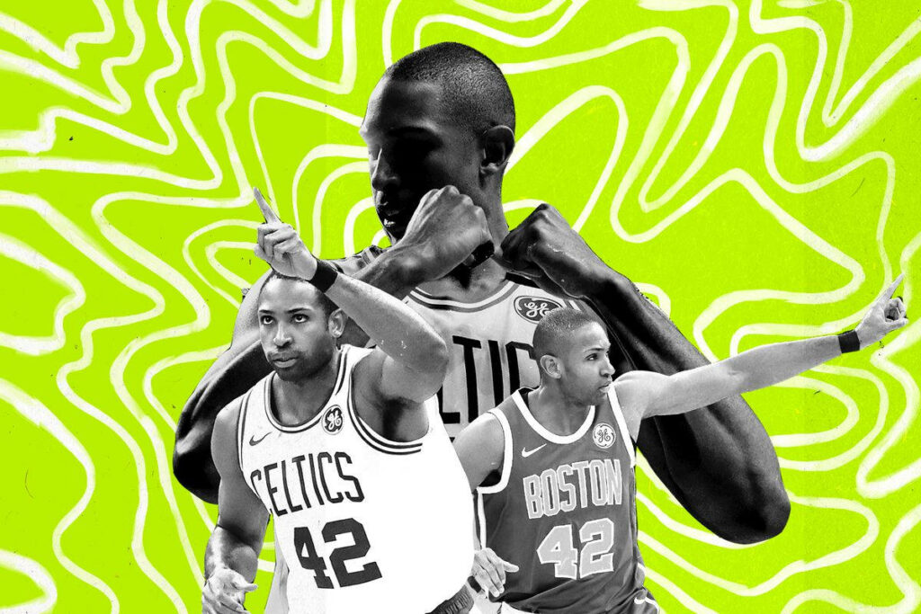 Al Horford multiple action poses Boston Celtics vibrant green doodle background basketball wallpaper