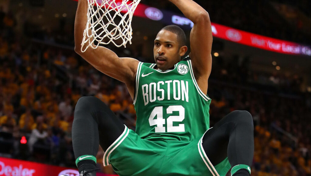 Al Horford Boston Celtics powerful slam dunk dynamic basketball wallpaper background