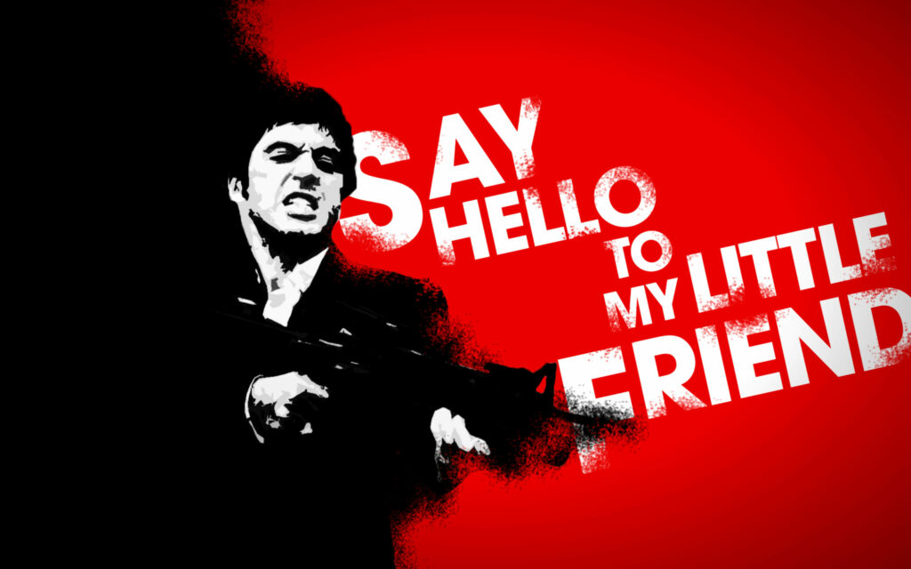 Al Pacino gangster illustration red background wallpaper with Say hello to my little friend quote