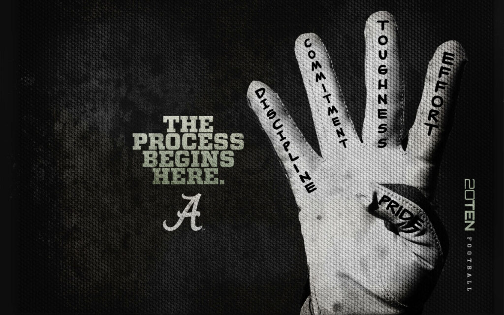 Alabama Crimson Tide 2010 wallpaper with motivational quote and football glove showing core values