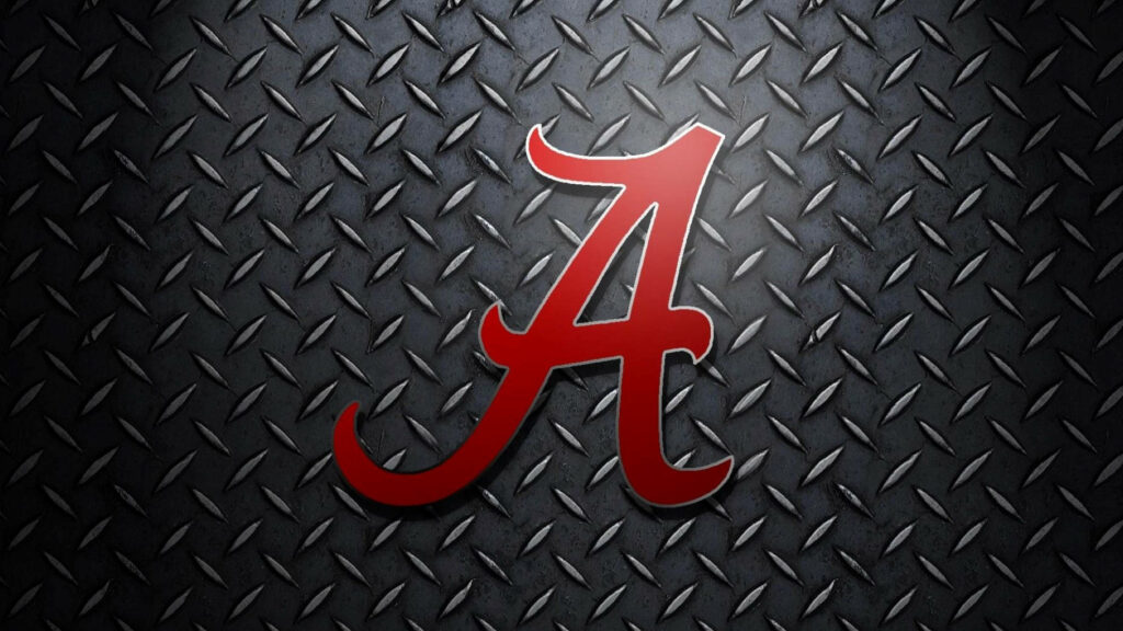 Bold Alabama Crimson Tide logo on dark textured metal background striking fan wallpaper
