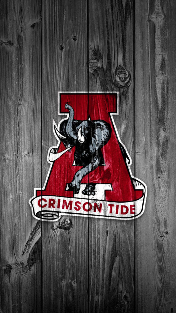 Alabama Crimson Tide wallpaper with fierce elephant and bold red A on rustic wood background