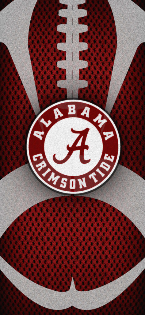 Alabama Crimson Tide logo on textured football background wallpaper for iPhone fans