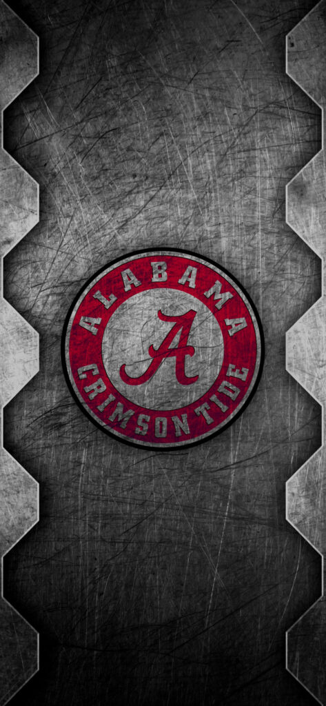 Alabama Crimson Tide logo on rugged scratched metal background bold industrial wallpaper