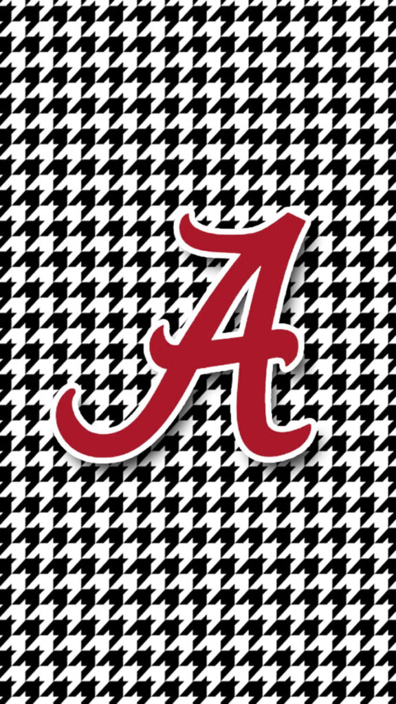 Alabama Crimson Tide script A logo on black and white houndstooth background iPhone wallpaper