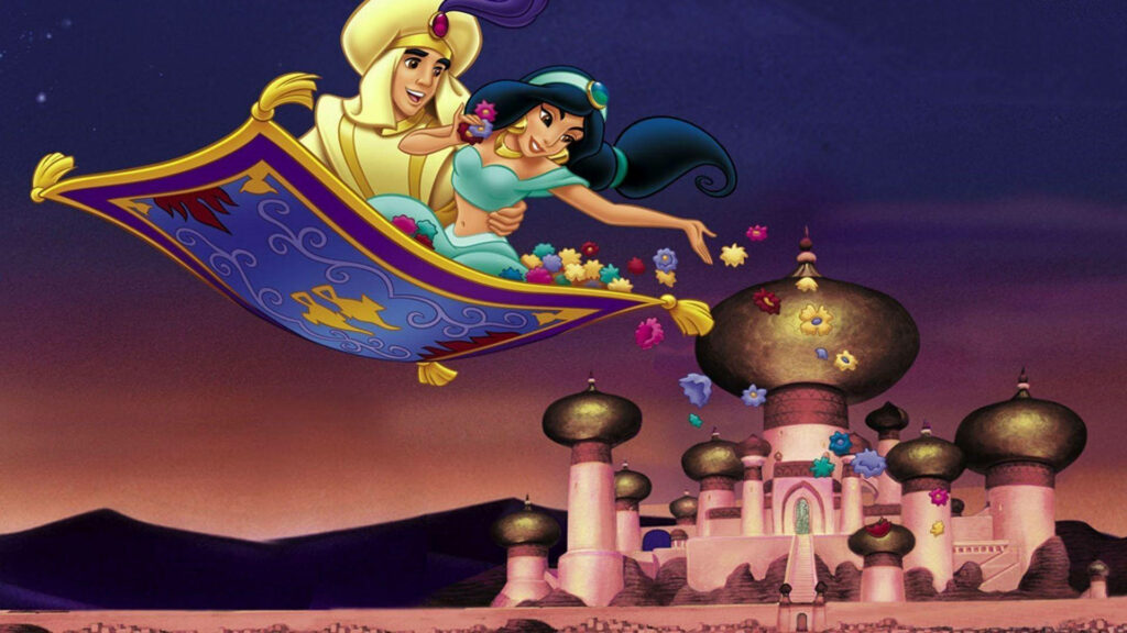 Joyful Aladdin & Jasmine on Magic Carpet: Agrabah Palace Wallpaper