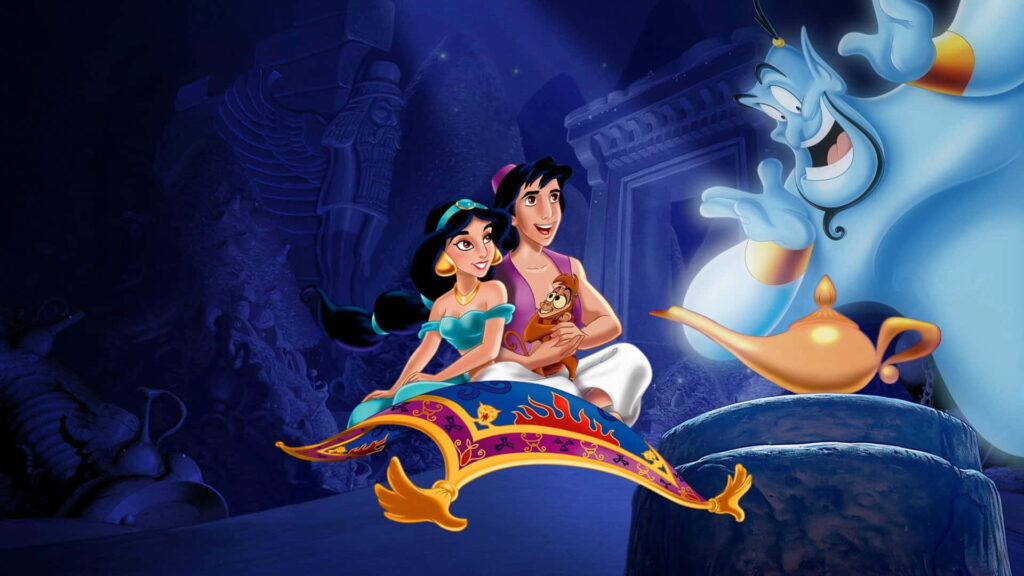 Magical Aladdin, Jasmine, Genie & Abu Flying Carpet Wallpaper