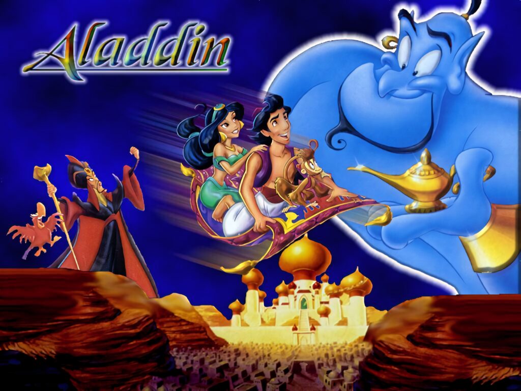 Vibrant Aladdin Wallpaper: Magic Carpet Ride with Jasmine & Genie