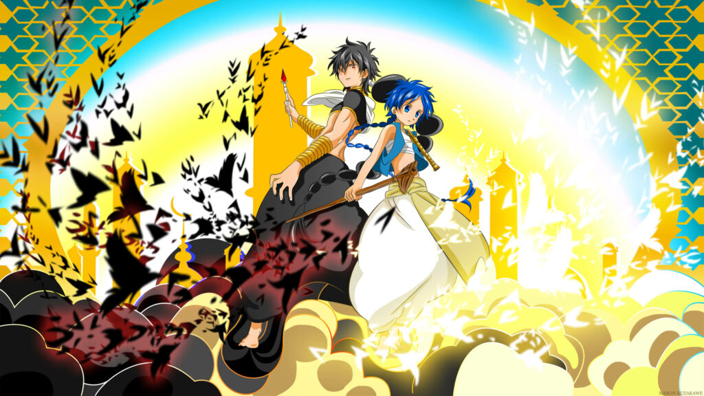 Aladdin and Judal from Magi stand back to back in vibrant magical landscape wallpaper background
