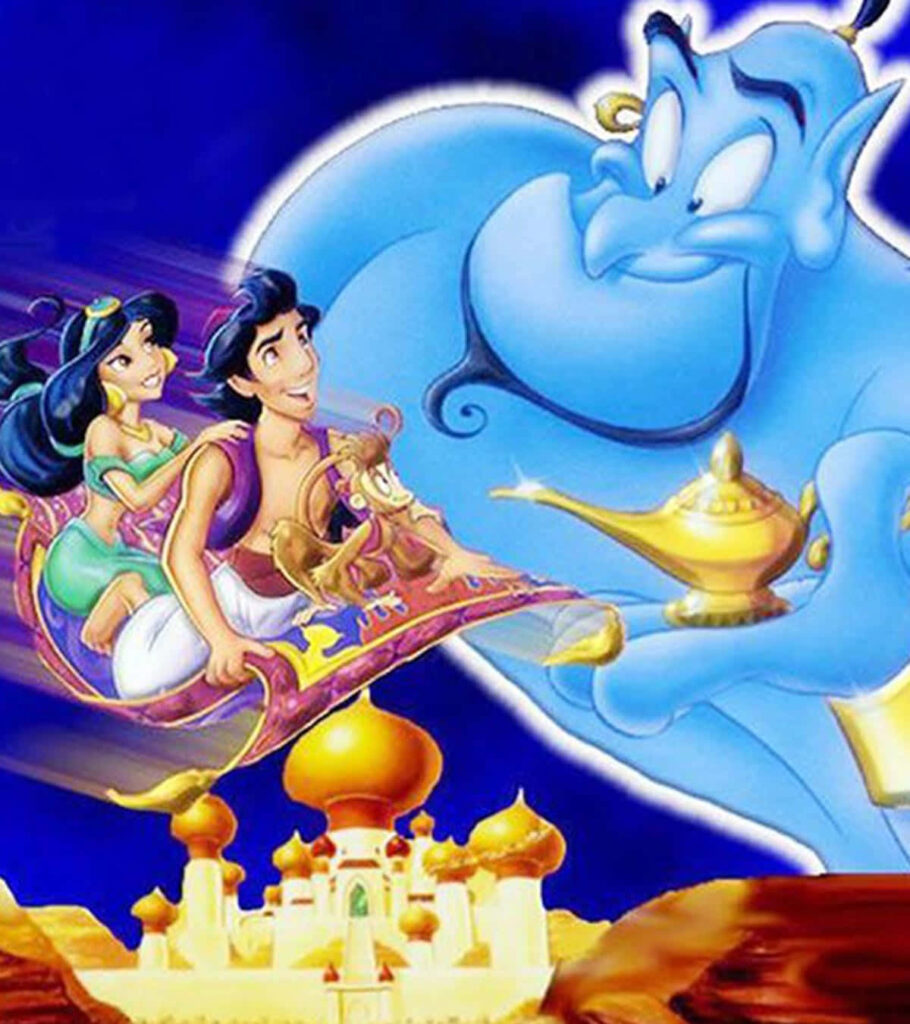 Aladdin, Jasmine, and Abu on Magic Carpet Over Agrabah - Wallpaper