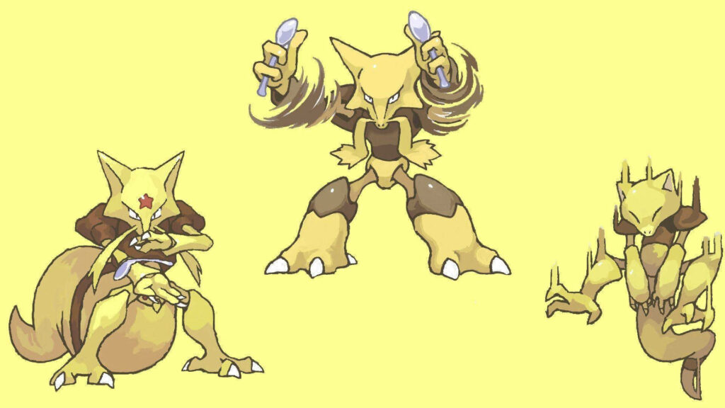 Alakazam evolution line wallpaper featuring Abra Kadabra and Alakazam on yellow background