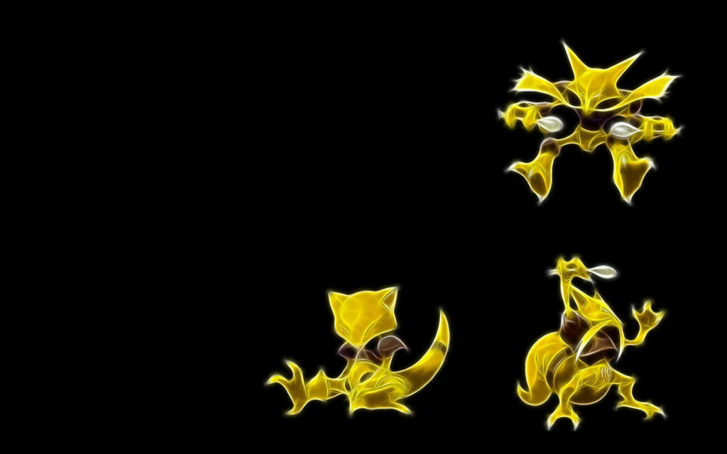 Alakazam evolution line wallpaper with glowing yellow Abra Kadabra and Alakazam on black background