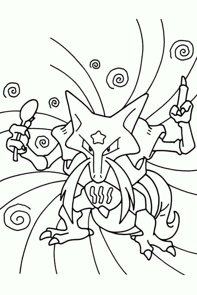 Detailed Alakazam line art wallpaper with swirling psychic energy patterns dynamic design background