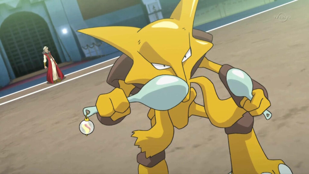 Alakazam anime wallpaper battle stance psychic powers with confident trainer background
