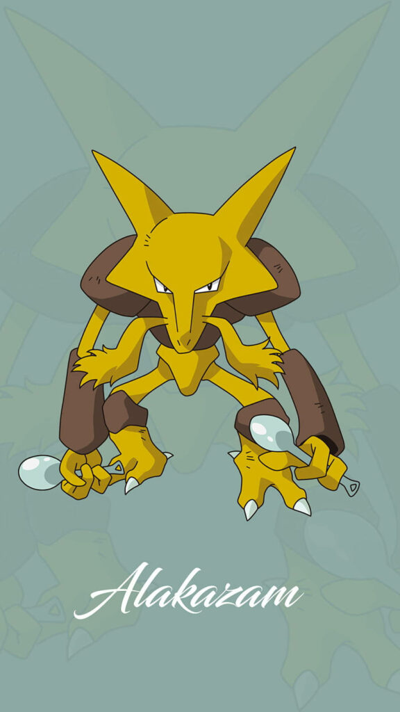 Alakazam Pokémon wallpaper showing Psychic-type with spoons and faded background illustration