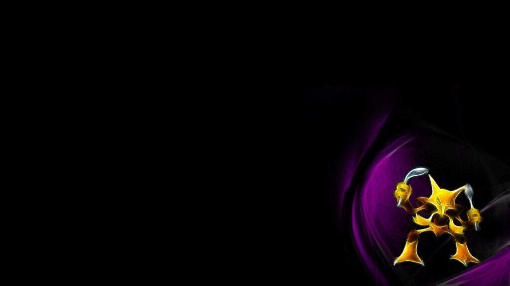 Alakazam glowing with violet psychic energy on sleek black background dynamic Pokémon wallpaper