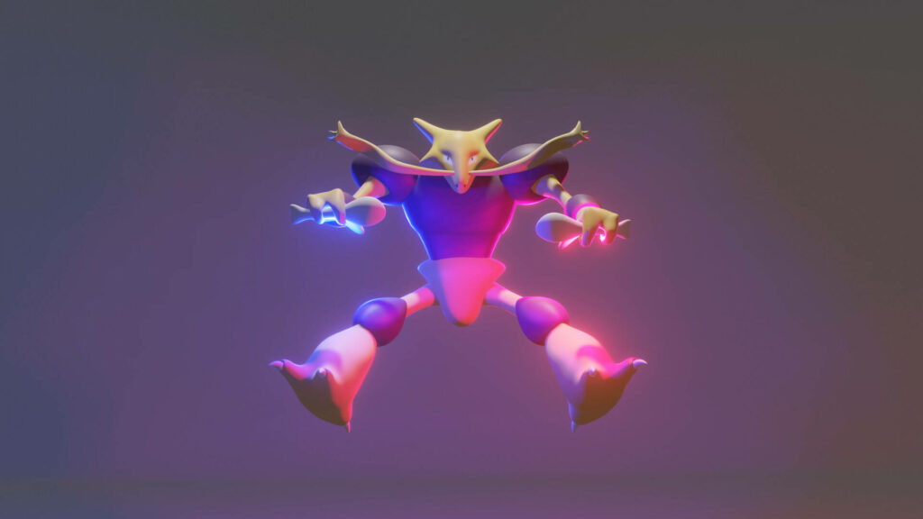 Alakazam glowing with red and blue psychic energy on vibrant gradient wallpaper background