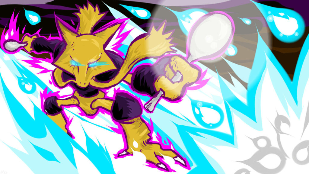Alakazam using psychic powers with vibrant energy in colorful dynamic Pokémon wallpaper background