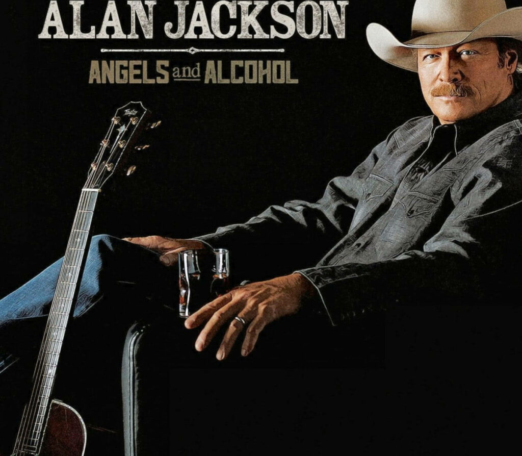 Alan Jackson sitting with guitar and glass dark background Angels And Alcohol album wallpaper