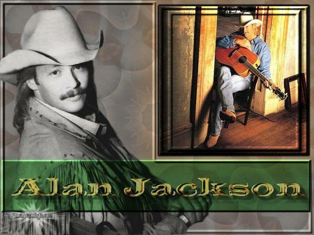 Grayscale and colored Alan Jackson country music wallpaper with guitar and western attire background