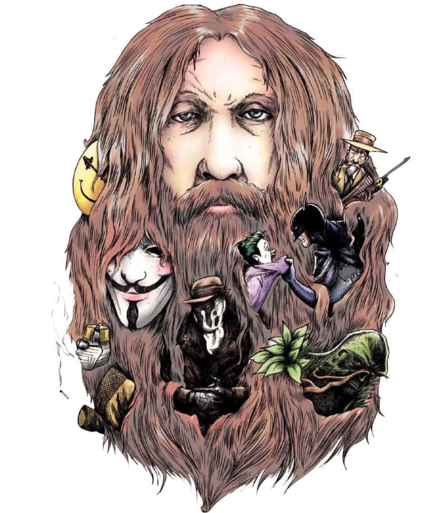 Artistic Alan Moore wallpaper with long hair featuring iconic graphic novel characters background