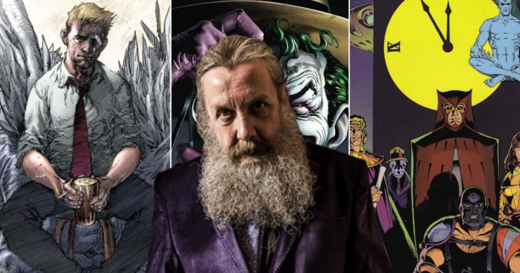 Alan Moore wallpaper with Watchmen characters John Constantine and Joker comic book art background
