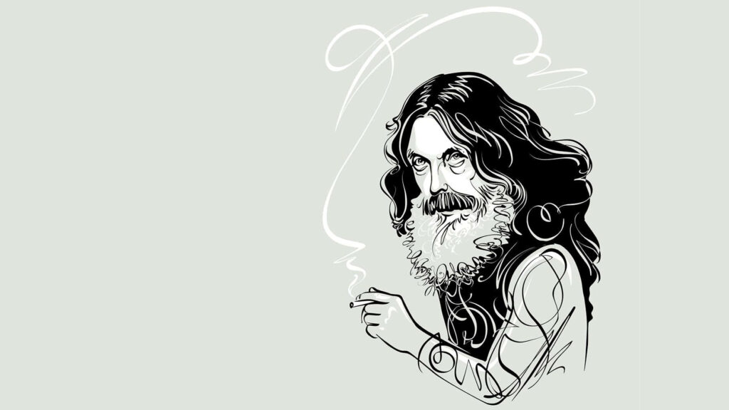 Stylized illustration of legendary comic book writer Alan Moore with intense gaze and long hair wallpaper