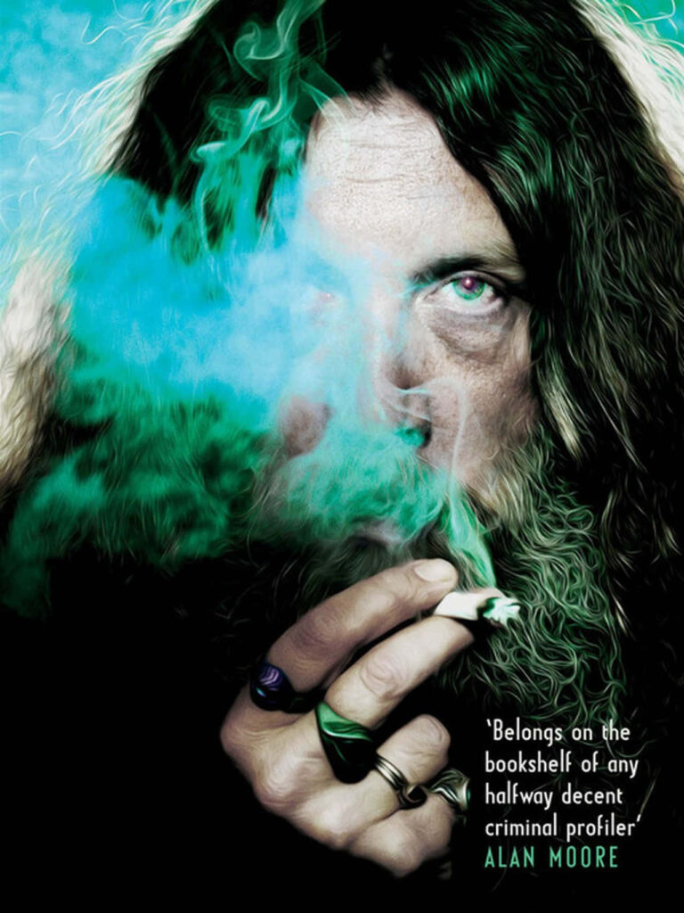 Alan Moore portrait with swirling green smoke comic book writer wallpaper background