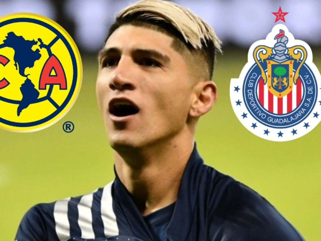 Alan Pulido between Club América and Chivas logos representing Mexican football rivalry wallpaper