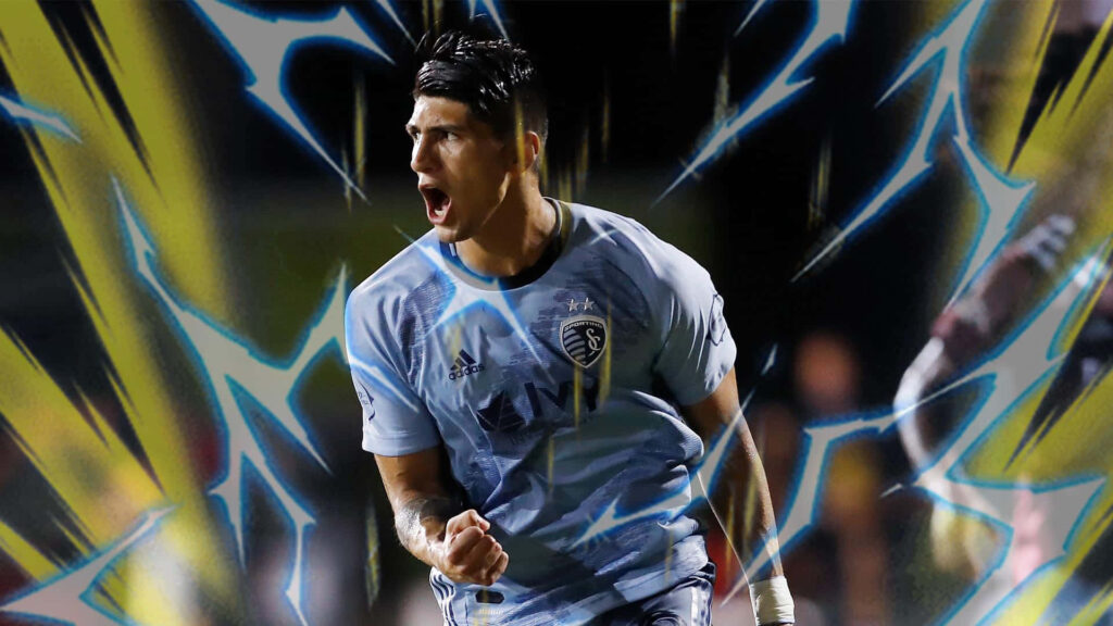 Alan Pulido intense soccer moment anime lightning effects dynamic energy wallpaper background