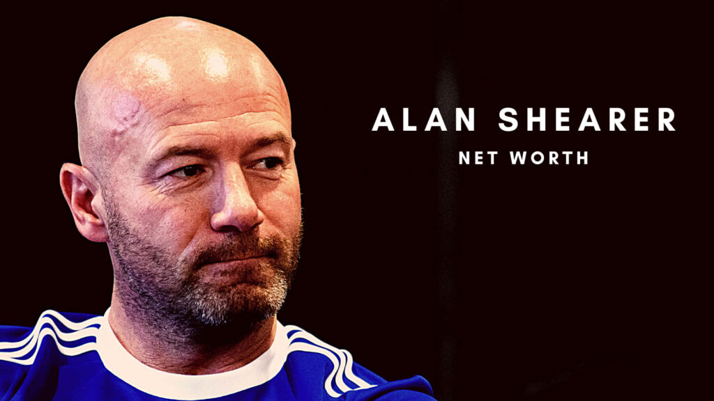 Alan Shearer portrait with focused expression highlighting his net worth on dark wallpaper background