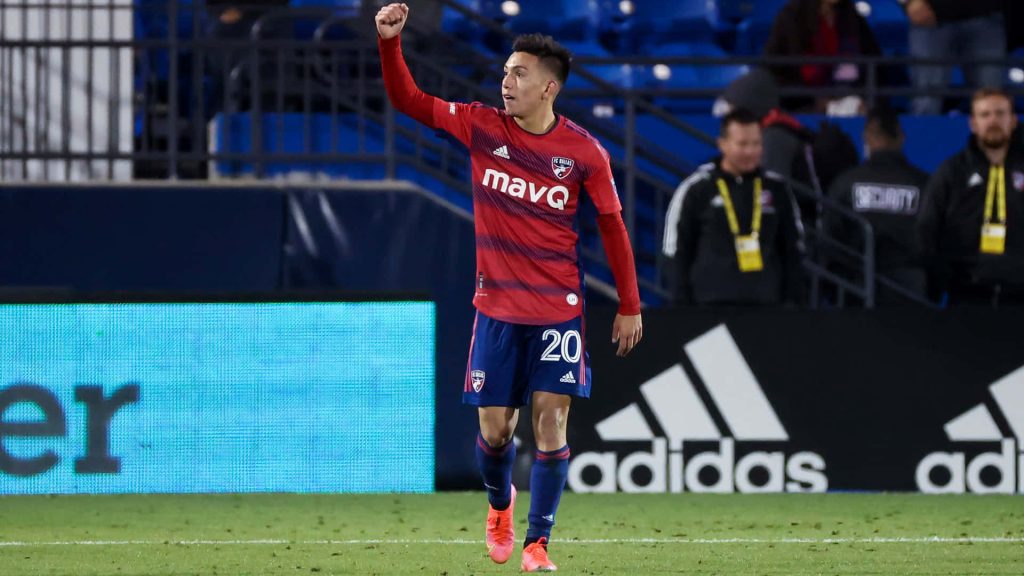 Alan Velasco FC Dallas celebrating goal number 20 kit dynamic soccer action wallpaper background
