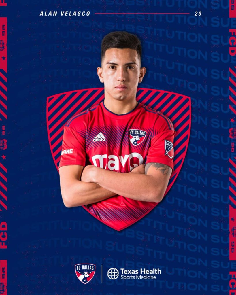 Alan Velasco FC Dallas wallpaper red kit blue background bold typography shield design