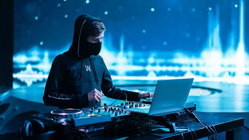 Futuristic Alan Walker Wallpaper: DJ Performance in Dynamic Setting