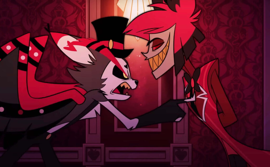 Alastor Radio Demon from Hazbin Hotel in dramatic face off with animated character red ornate background Wallpaper