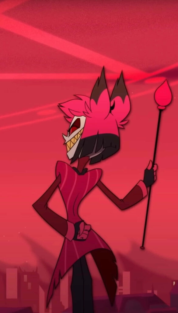 Alastor Radio Demon from Hazbin Hotel with sharp grin and staff on bold red background wallpaper