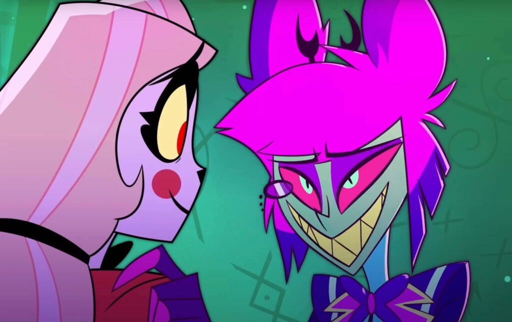 Alastor Radio Demon from Hazbin Hotel animated scene with vibrant colors and expressive faces Wallpaper