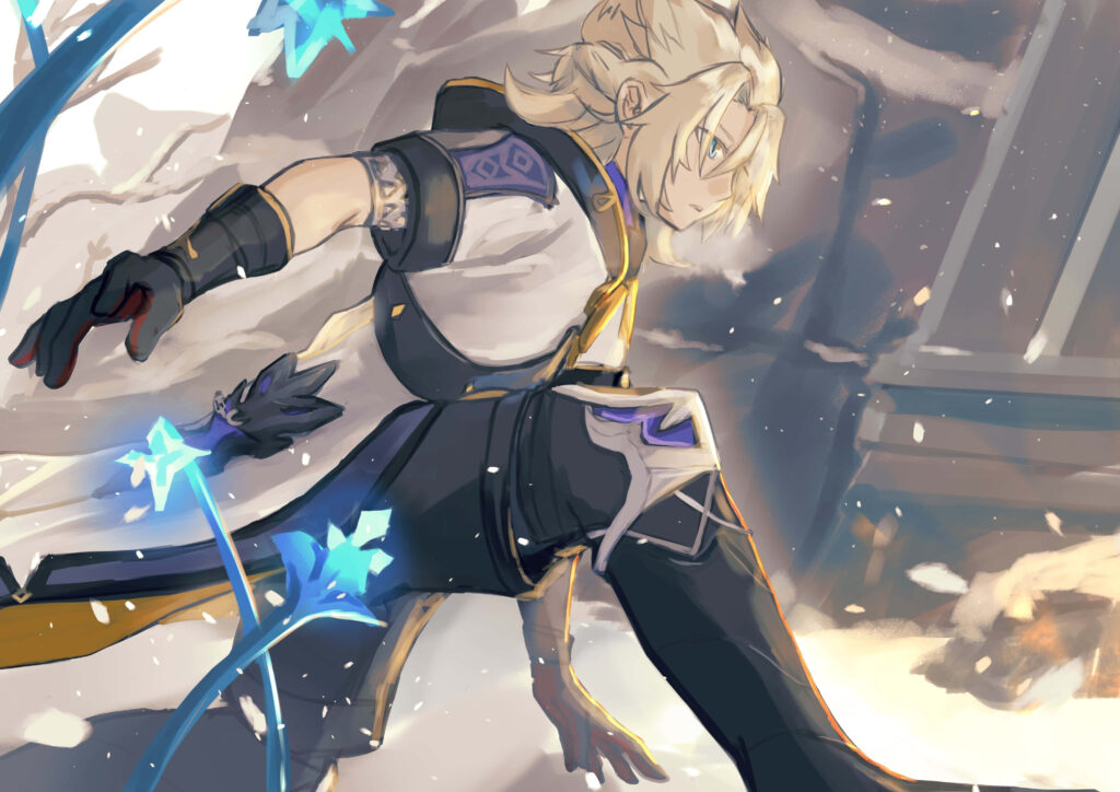 Albedo from Genshin Impact wields icy power with glowing blue crystals in dynamic snowy wallpaper