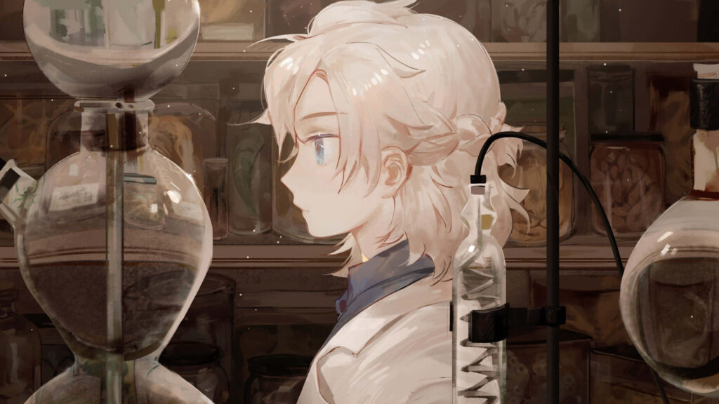 Albedo from Genshin Impact in his laboratory with alchemical tools and glass apparatus wallpaper